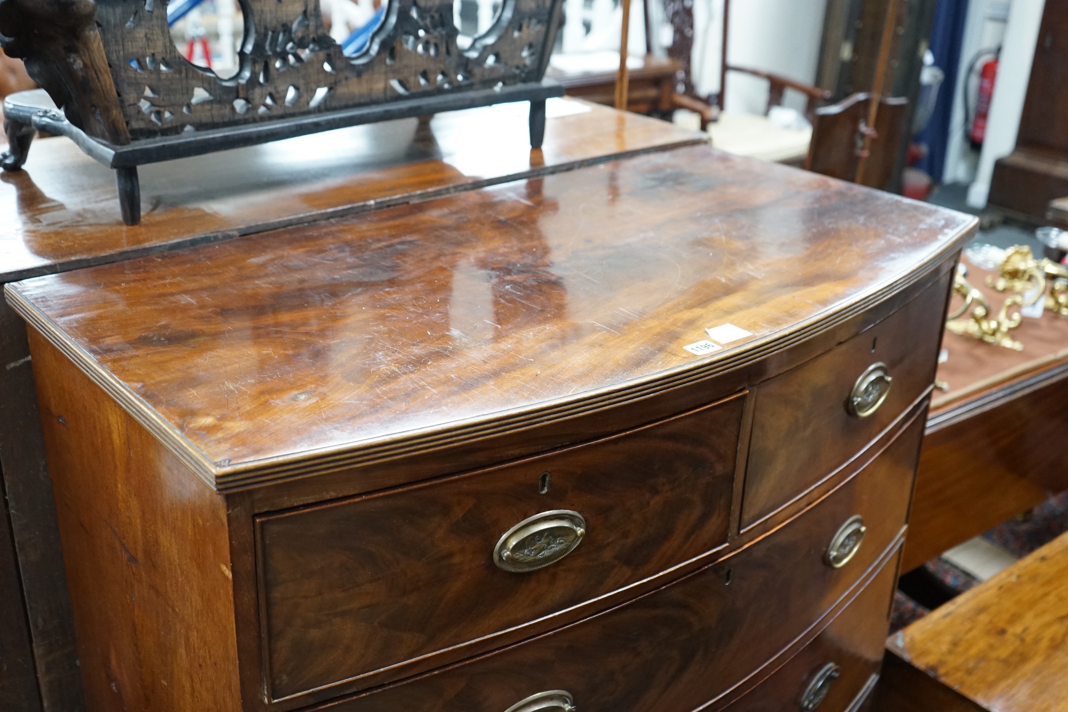 A Regency mahogany five drawer bowfront chest, width 106cm, depth 54cm, height 120cm